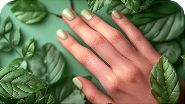 womans hands with green nails leaves